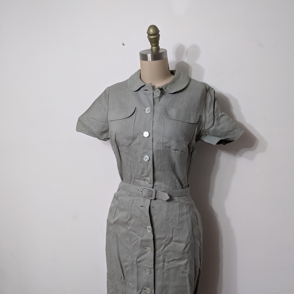 (12) vtg 1940s 1950s french grey blue linen day dress - Picture 2 of 6